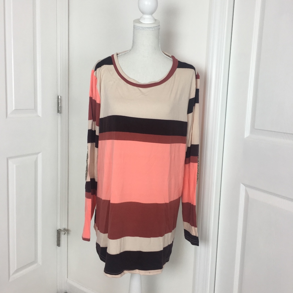 Women Long Sleeve Striped Top Pink Brown Sequins